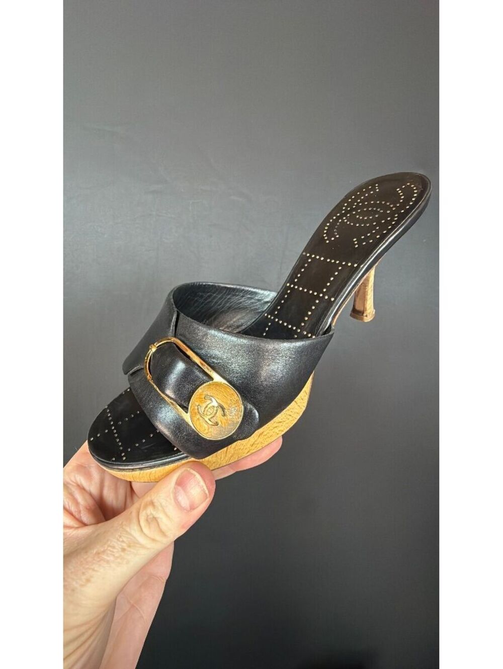 Chanel Black Stiched Mule w/Safety Pin Accent Size 37